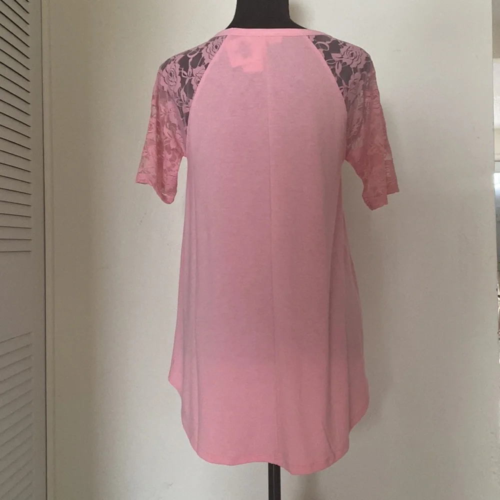 Zenana Pink Short Sleeve Shirt With Rose Lace Sleeves - Picture 13 of 16